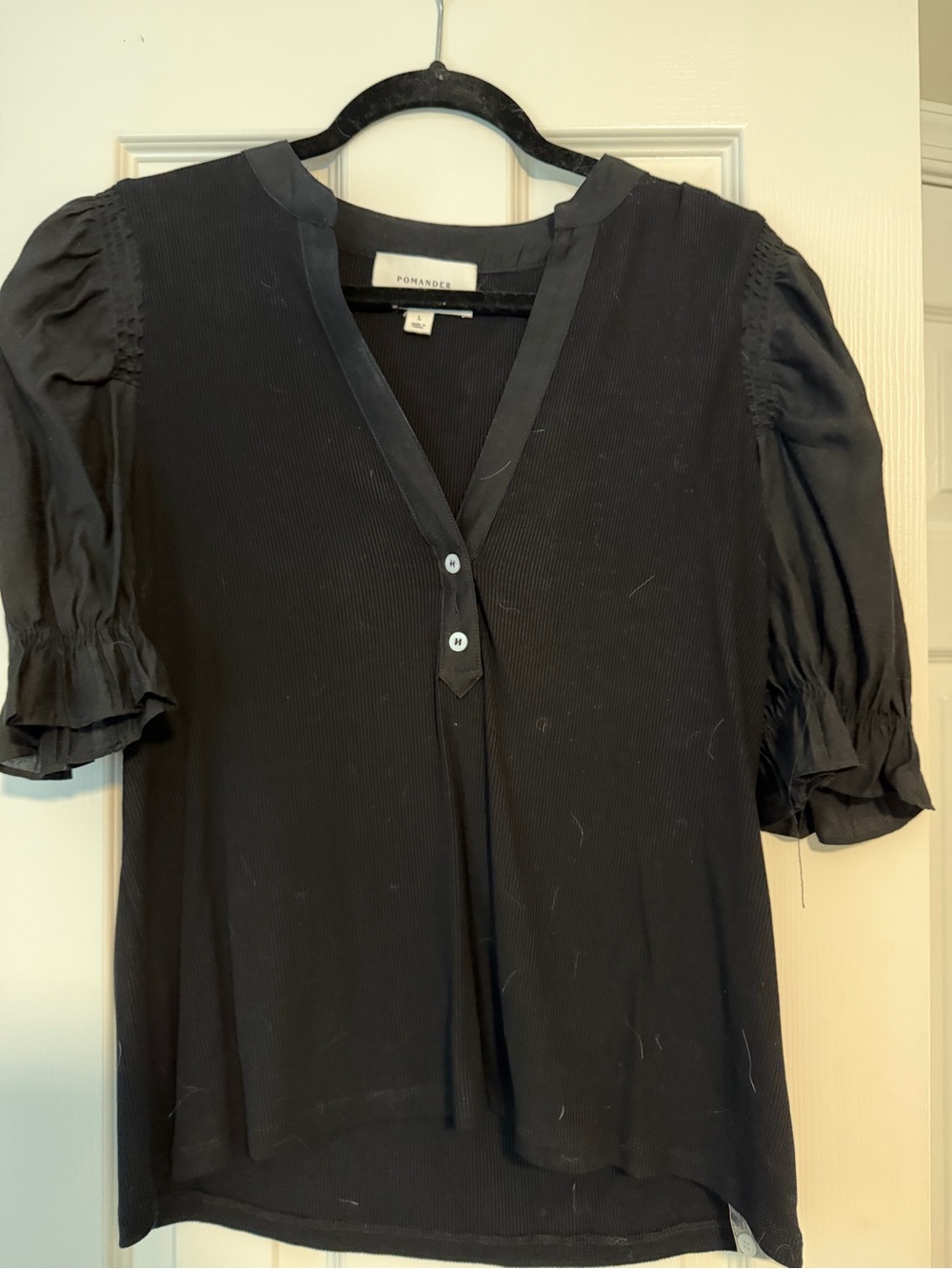 Pomander Place Black V-Neck Puff Sleeve Blouse
